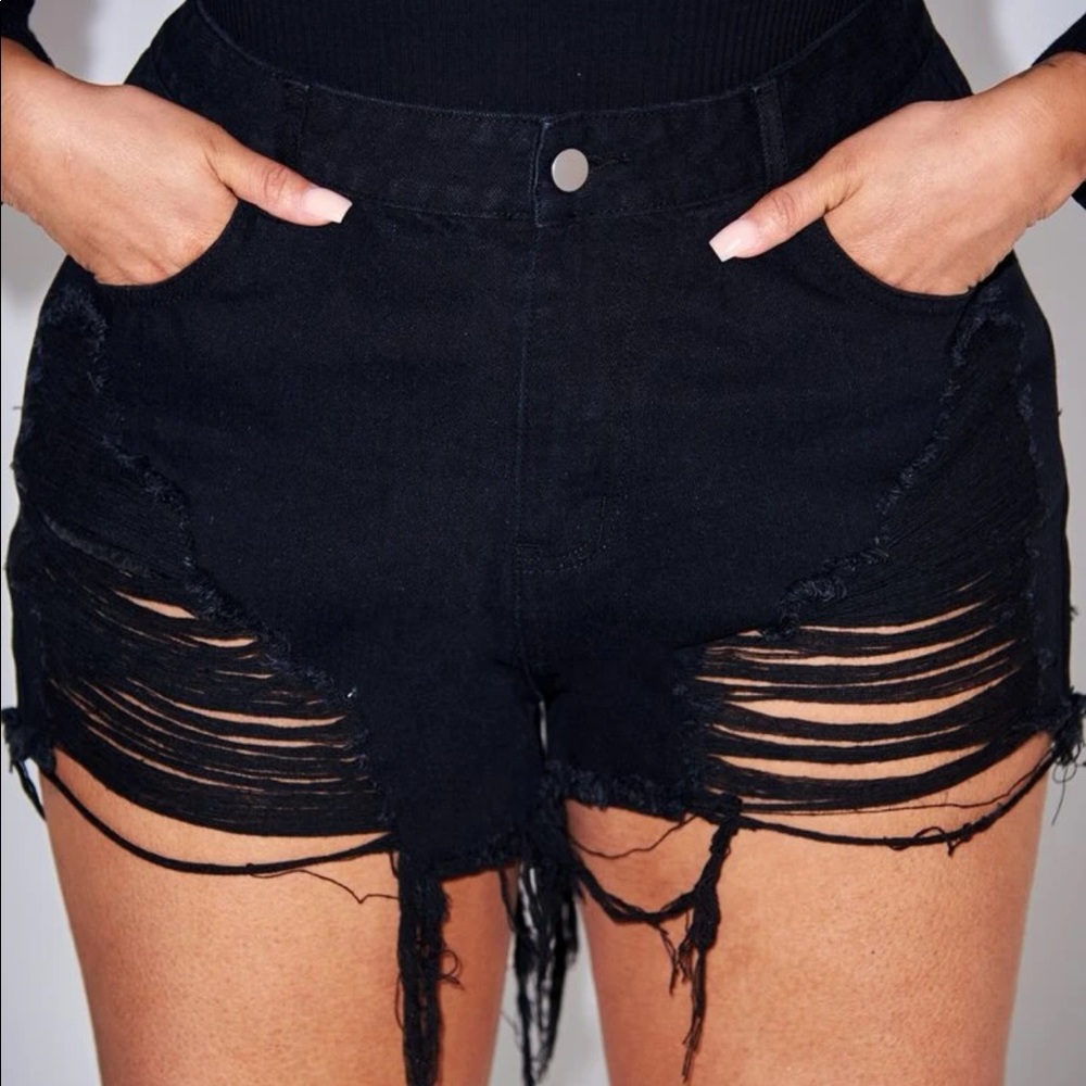 NWOT SHEIN Black High Waist Ripped Raw Hem Denim Jean Shorts